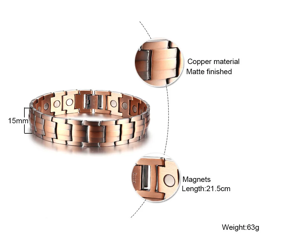 Mens Solid Copper Link Magnetic Bracelet Bangles Brackelts Brazalet 8.5 inch