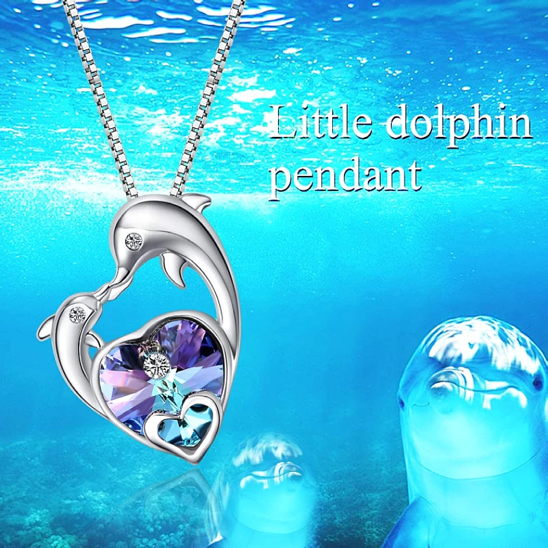 Fashionable Income Ocean Double Heart Dolphin Necklace Exquisite Jewelry Create Opal Cute Female Gift for Girl | Украшения и