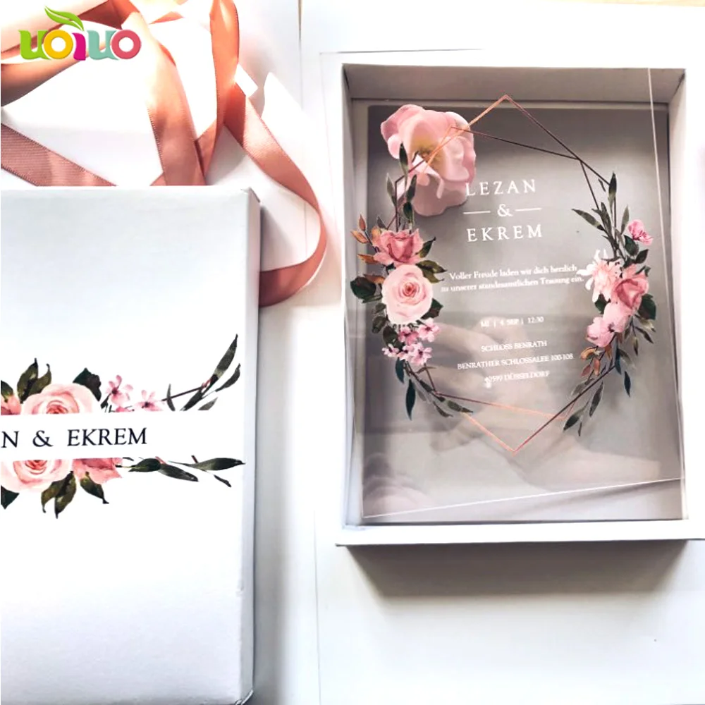 Free shipping 10pcs luxury high class romantic acrylic wedding invitation card hot sell,flower wedding cards with box