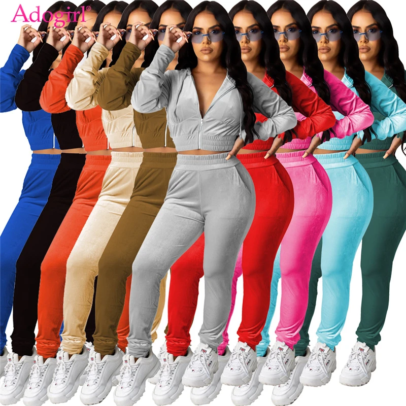 

Adogirl 2020 Новый женский Бархатный комплект из двух предметов костюм для бега на молнии с длинным рукавом Куртка с капюшоном укороченный топ брюки-карандаш спортивный костюм