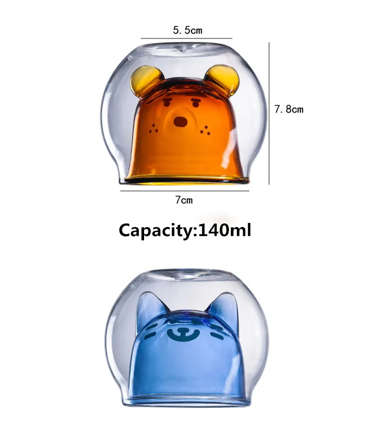 140 мл двойная кофейная чашка, высокое боросиликатное стекло, чашка для холодных напитков, чашка для горячих напитков, милый медведь, стекло для молока, стекло для чая и молока