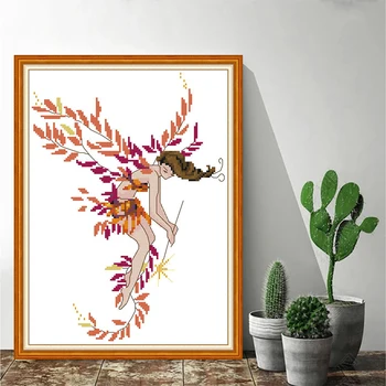 

Joy Sunday Cross Stitch Kits Fairy wrapped in leaves pattern Printed Chinese embroidery needlework for home decoration and gifts