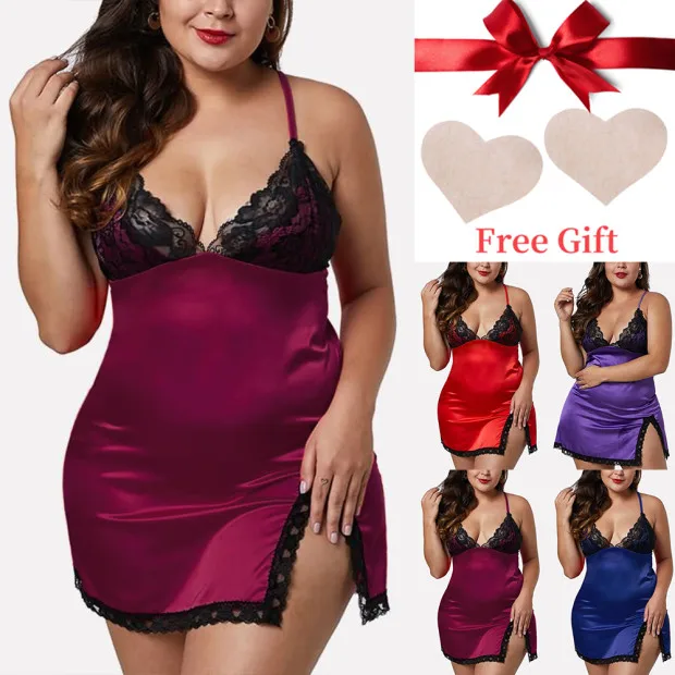

5XL Plus Size Sexy Night Dress Erotic Lingerie Women Lace V Neck Underwear Nightdress Sleepwear Night Gown With Free Gift D30
