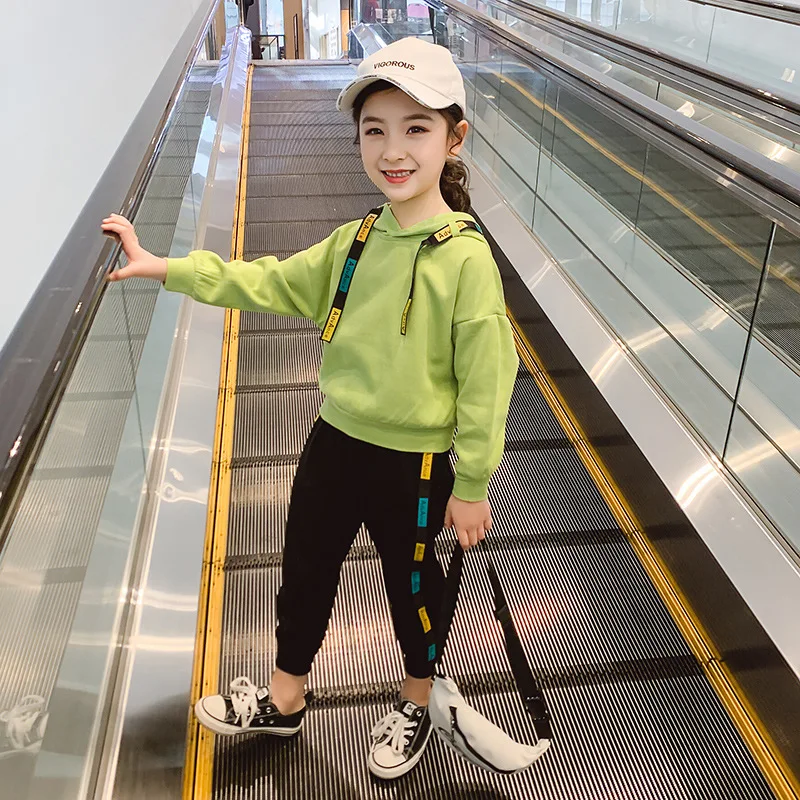 

2020 Spring New Style GIRL'S Suit Spring Clothing Big Boy Korean-style Long Pants Webbing Hoodie Two-Piece Set Fashion