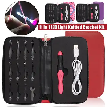 

New Useful 11 In 1 USB LED Light Up Purple Crochet Hooks Knitting Needles Set Weave Tool Kit Sewing Accessories Sewing Tools