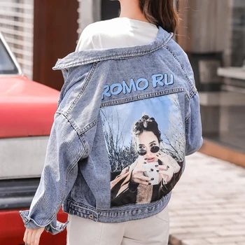 

2019 BF Autumn Harajuku Printed Denim Jacket Loose Casual Jeans Jacket Women Coat Outwear Female Jacket