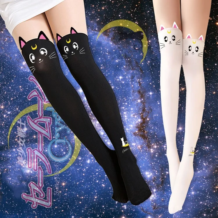 Чулки для косплея аниме Tsukino Usagi Kawaii Girls Luna Cat чулки лолита с принтом колготки выше