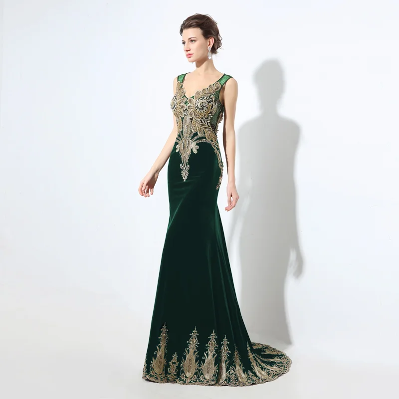 Robe De Soire, Русалка, вечернее платье, золотая вышивка, настоящие фотографии, сексуальное, иллюзионное, с кристаллами, v-образный вырез, длинное, официальное, выпускное, вечерние, платье, LSX027 - Цвет: Green