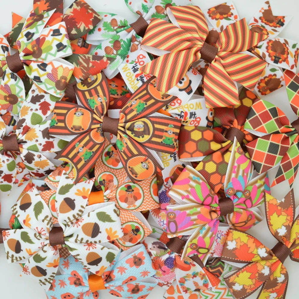 SUPWRF 1 PCS 3.1&quot Inch Thanksgiving turkey Bows Clips Girl's hair bow Headware Kids Hair Accessories Printed Ribbon T0929 |