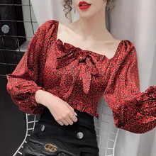 Women Floral Print Pleated Blouses Spring Fall Female Shirt Square Collar Short Chiffon Long Slevee Ins Sweet Blouses Streetwear