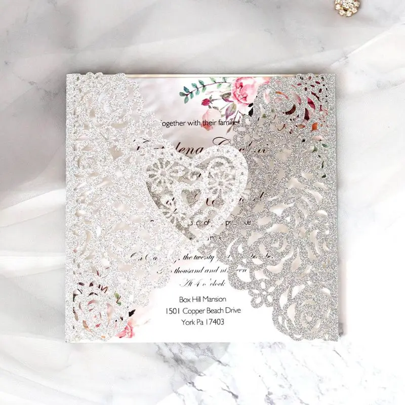  10pcs Glitter Laser Cut Rose Heart Shape Wedding Invitations Card Party Supplies Y1AB - 4.00029E+12