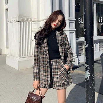 

S-XL Plus Size 2 Piece Set Outfits Women Notched Vintage Tweed Blazer Jacket+Pockets Casual Shorts 2020 Spring Blazer Suit