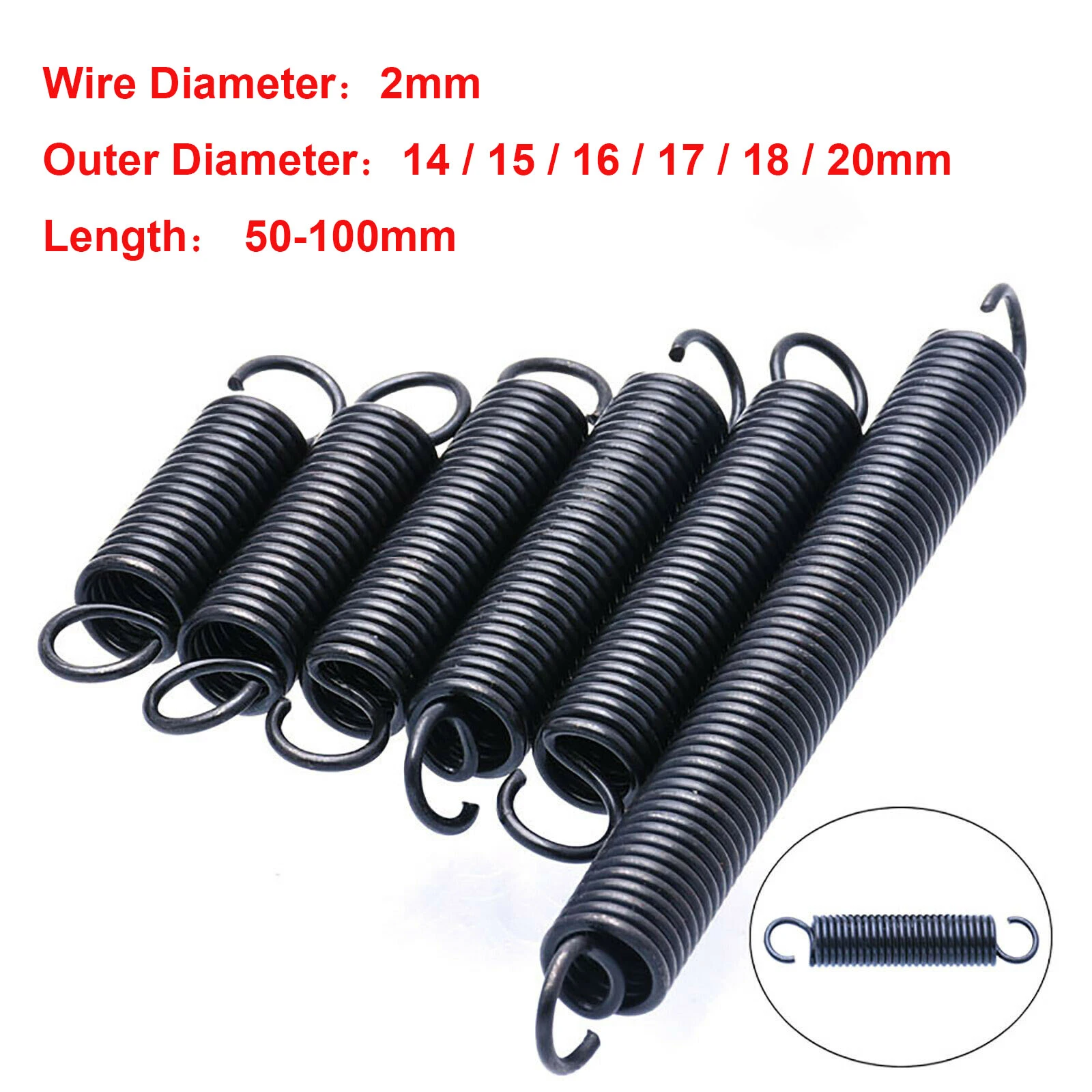 thumbnail image 2 of 5pcs Length 30-60mm Tension Spring With Hooks Wire Dia 1.2mm Outer Dia 2 of 11
