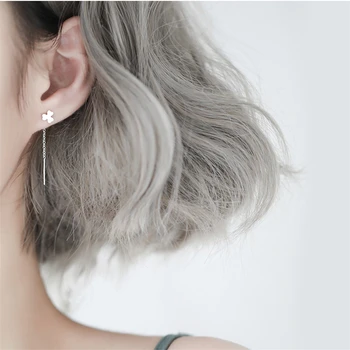 

AKOLION Silver Long Tassels Lucky Clover Drop Earrings 925 Plant Flower Earring Sweet Girl Fashion Jewelry For Women Girls Gift