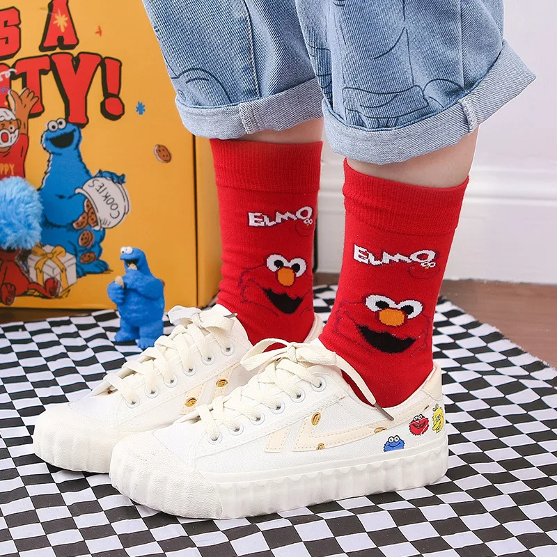 Футболка с рисунками из мультфильма «Улица Сезам» Anpanman принт Носки Элмо куки с мультфильма Монстр baikinman докинь-тян»; одежда для сна с милыми и забавными женские хлопковые носки на каждый день; сезон осень