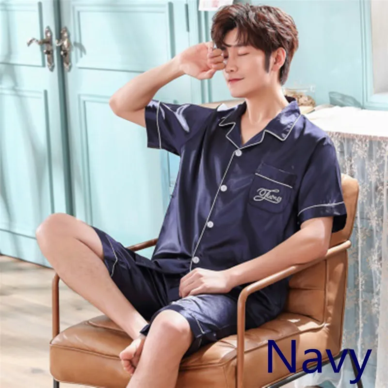 Men's Stain Silk Pajama Set Summer Short T-shirt & Pants Elastic Waist Male Pajamas Modern Style Soft Cozy Satin Nightgown Men's Stain Silk Pajama Set Summer Short T-shirt & Pants Elastic Waist Male Pajamas Modern Style Soft Cozy Satin Nightgown
