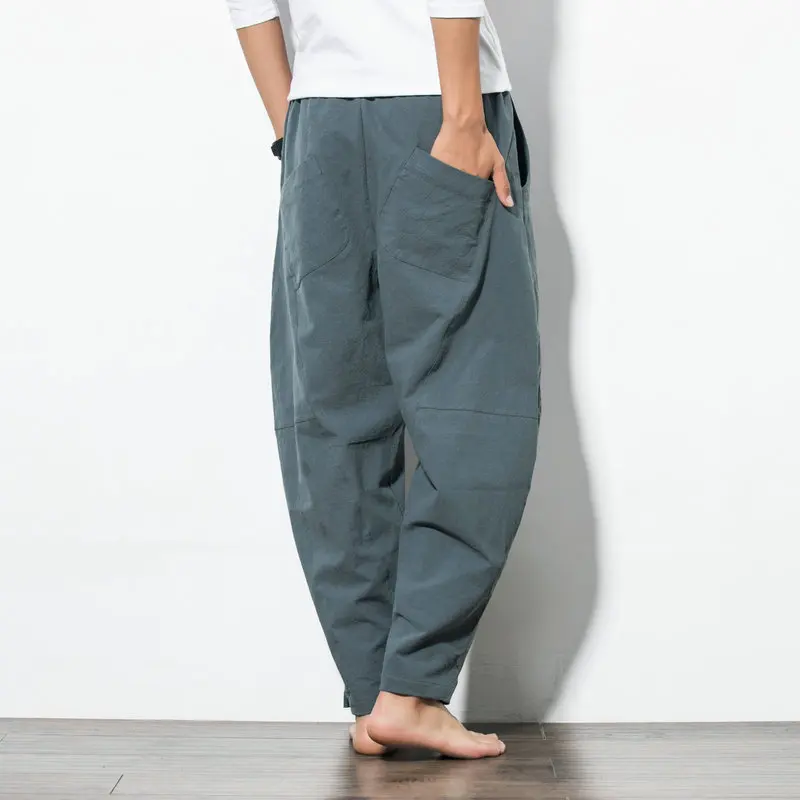 Autumn Plus Size Hip Hop Harem Pants Men Casual Loose Trousers Drawstring Joggers 5XL Chinese style Cotton Linen wide leg pants