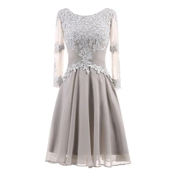 

Cocktail Dress Illusion Long Sleeves Vestidos De Coctel 2019 Draped Pleat Flowers Cocktail Dresses Knee Length Formal Gown 7555