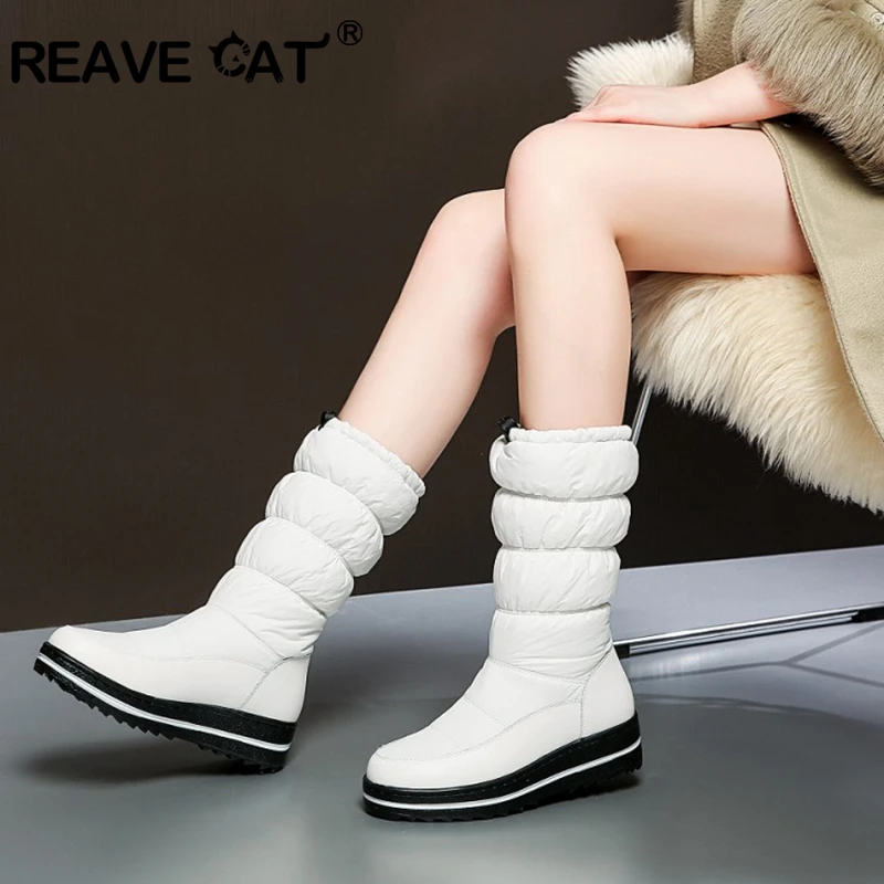 REAVE CAT Mid-Calf Boots Round Toe High platform Down Warm Fur Elastic Band Wool Snow Boots Size 35-43 Black White