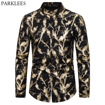 

Gold Feather Print Club Party Shirt Men 2020 Hipster Mandarin Collar Mens Dress Shirts Causal Wedding Tuexedo Shirt Camisas 2XL