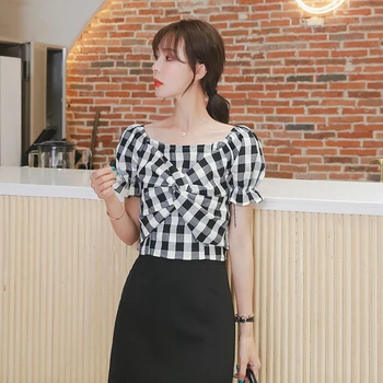 

COIGARSAM Vintage Plaid blouse women New Summer Puff Sleeve blusas womens tops and blouses Grid 6967