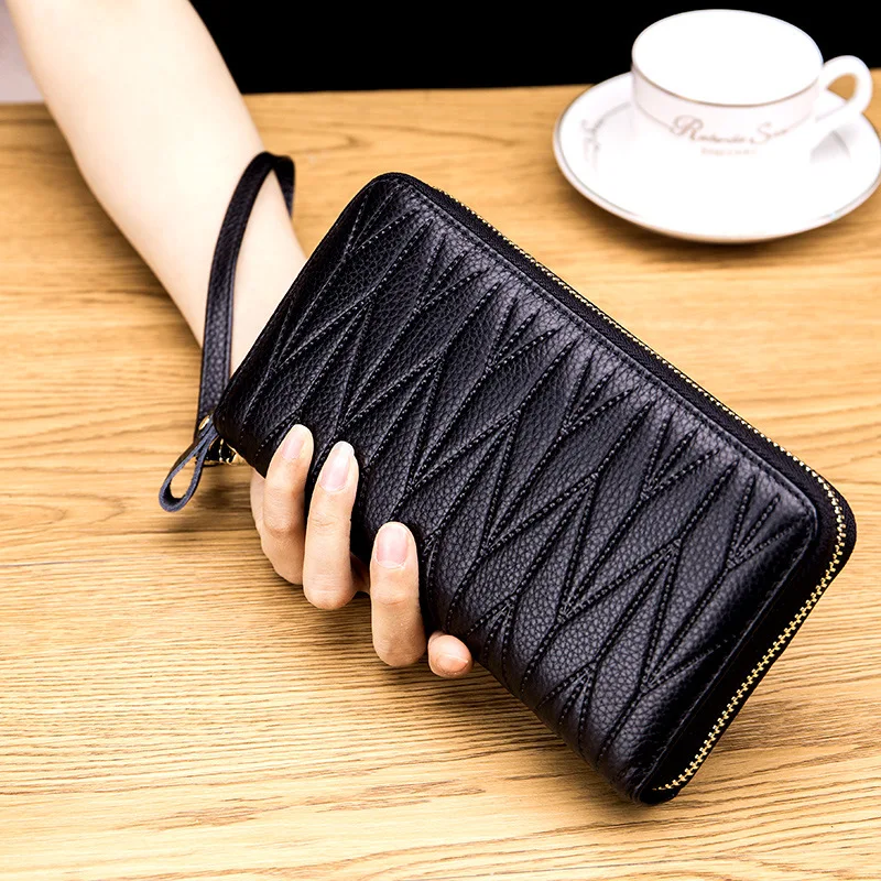 Leather Wallet Long Zipper Card Holder RFID Business Credit Women Clutch Passport Coin Purse