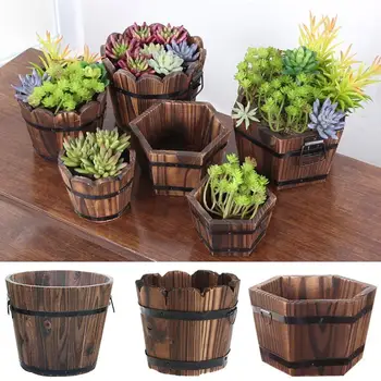 

Carbonized Wood Multi-meat Pot Home Decoration Retro Small Wooden Bucket Wooden Round Barrel Planter Flower Pots