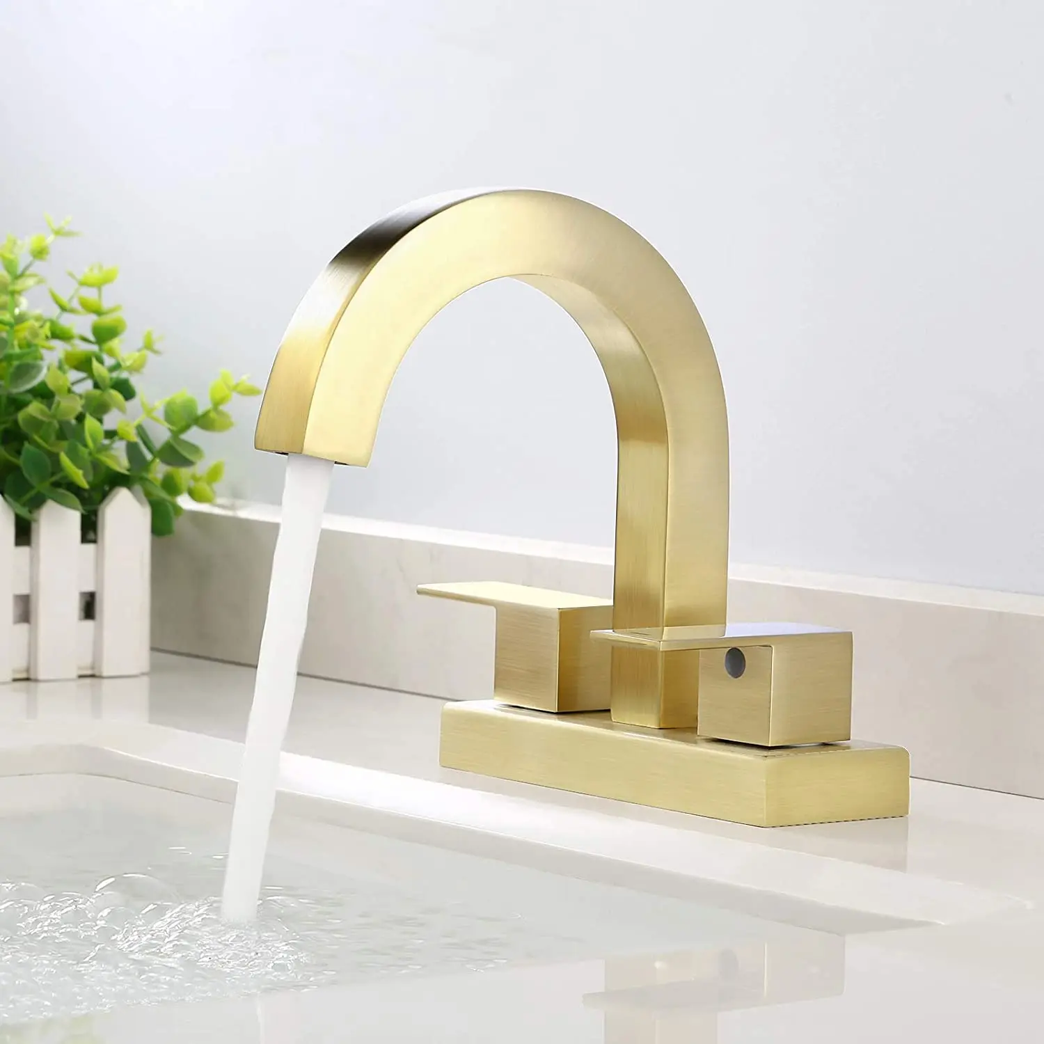 

Brushed Brass Bathroom Faucet 4-Inch Centerset Brushed Gold Bathroom Sink Faucet Brass Construction (Supply Hose Included)