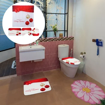 

1 Set Printing Practical Reusable Novel Durable Bath Mat Shower Curtain Rug Christmas for Dormitory Home