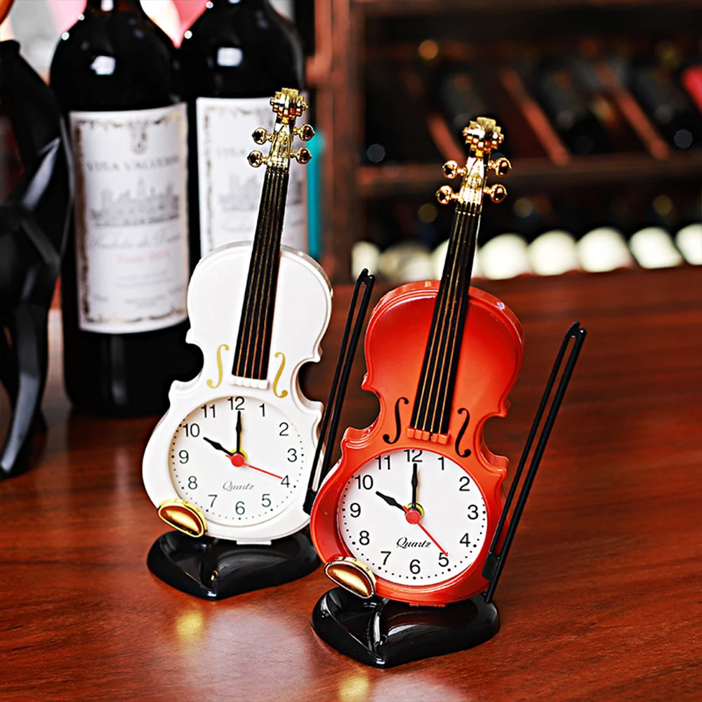 Table Clock Simulation Violin Creative Fashion Simple Alarm Clock Musical Instrument Shape Cartoon Desktop Living Room Plastic Ornaments