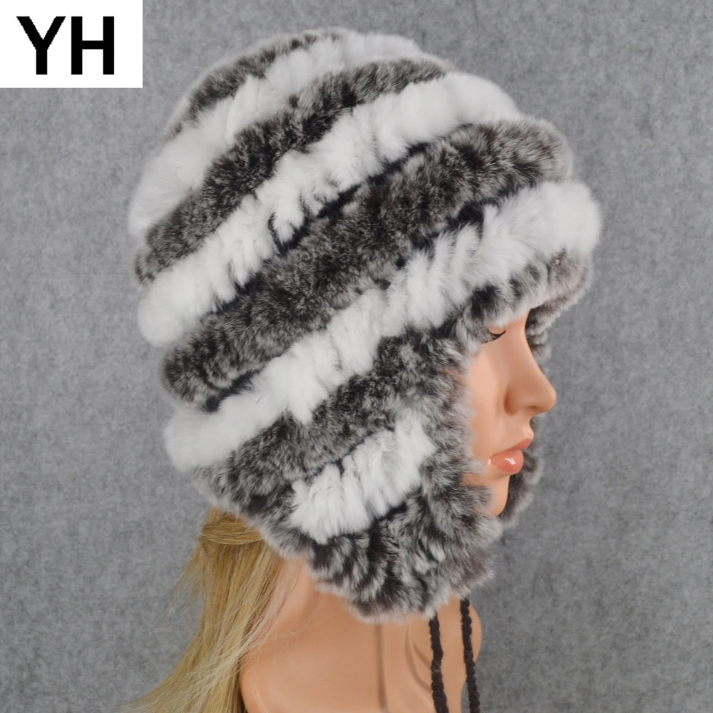 

New Good Elastic Knitted Rex Rabbit Fur Beanies Hats Winter Women Real Rex Rabbit Fur Hat 100% Real Natural Rex Rabbit Fur Cap