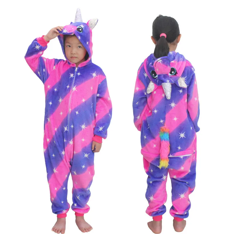 Кигуруми кошка комбинезоны для детей пижамы зимняя одежда для сна Единорог детские пижамы для мальчиков и девочек пижамы для костюмированной игры костюм комбинезоны - Цвет: purple blue