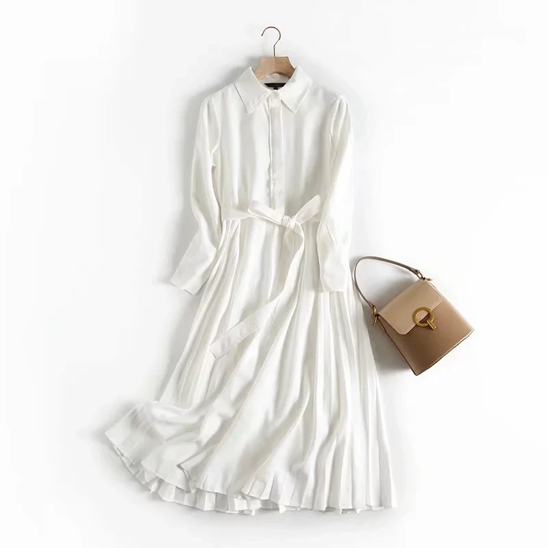 Женское длинное белое платье-рубашка, модное женское однотонное плиссированное платье с поясом и длинным рукавом, женское платье до середины икры в стиле ампир