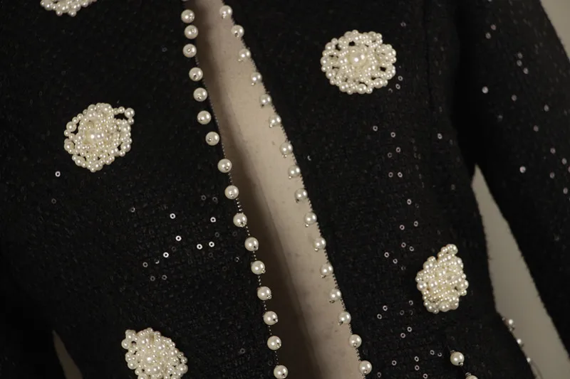 HAMALIEL/ роскошный женский твидовый комплект с блестками и бусинами, Осень-зима, пальто-кардиган с твидовым жемчугом, пальто+ короткая юбка карандаш, комплект