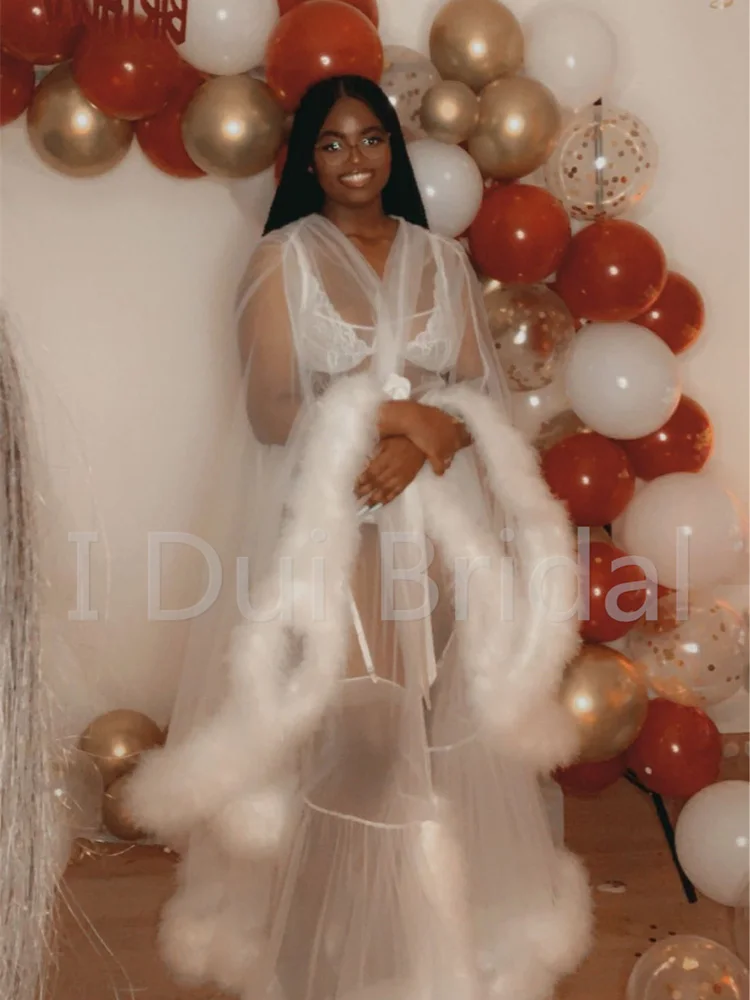 Ivory Feather Bridal Robe Tulle Illusion Long Wedding Scarf Made Feather Birthday Robe Intimate Apparel