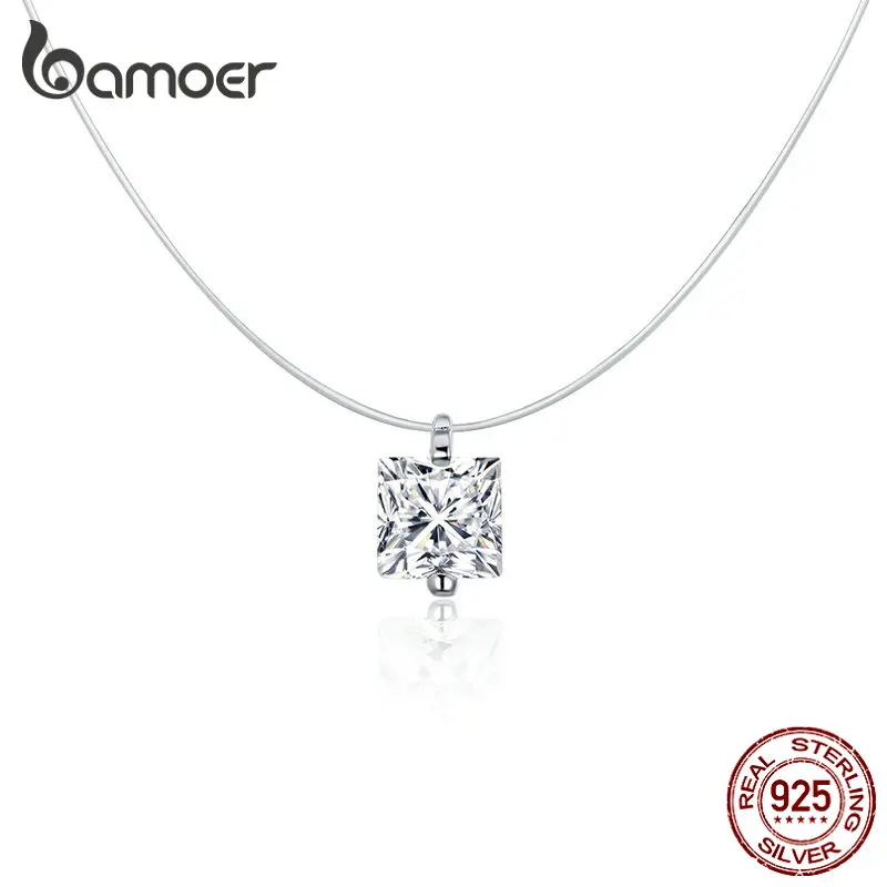 Bamoer, 925 пробы, серебряное, невидимое колье, ожерелье для женщин, капля воды, квадратный треугольный кулон, ожерелье для женщин, Bijoux SCN332-D