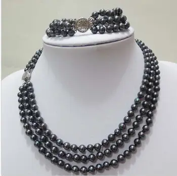 

ddh001145 NEW Noblest 3 row 8-9MM black pearl necklace bracelet set 17-19"7.5"-8"
