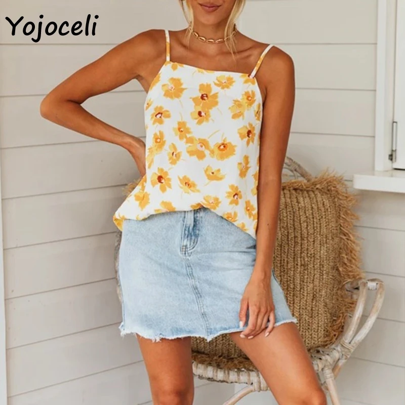 Yojoceli, Женская Цветочная майка с принтом, топы для женщин, новинка, весна-лето, Повседневная рубашка на бретелях