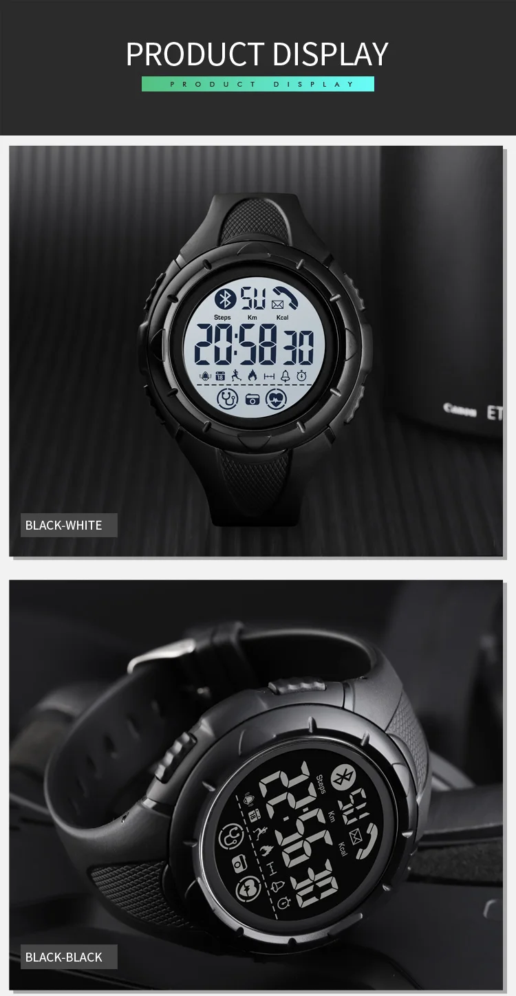 SKMEI спортивные умные мужские часы, водонепроницаемый светильник, дисплей, пульсометр, Bluetooth, приложение, напоминание, спящий монитор, reloj inteligente 1542