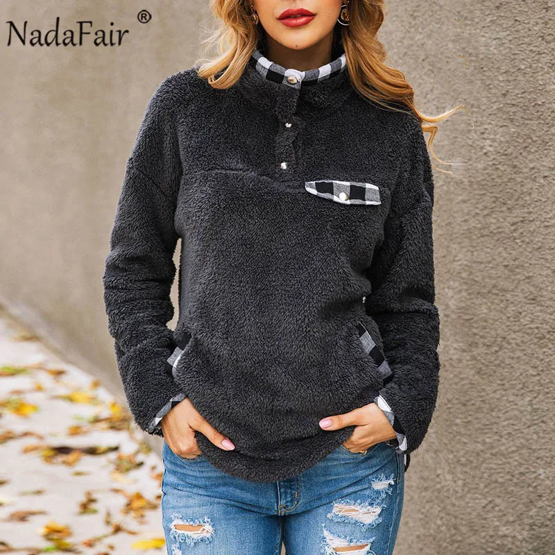 Nadafair Осень Зима повседневные толстовки Женская толстовка клетчатая Лоскутная с карманами пуловер из искусственного меха пальто
