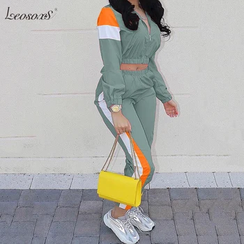

LEOSOXS 2020 New Women Two Piece Set Zipper Crop Tops And Pants Hip Hop Club Outfit Panelled Tracksuit Women Joggers Suit