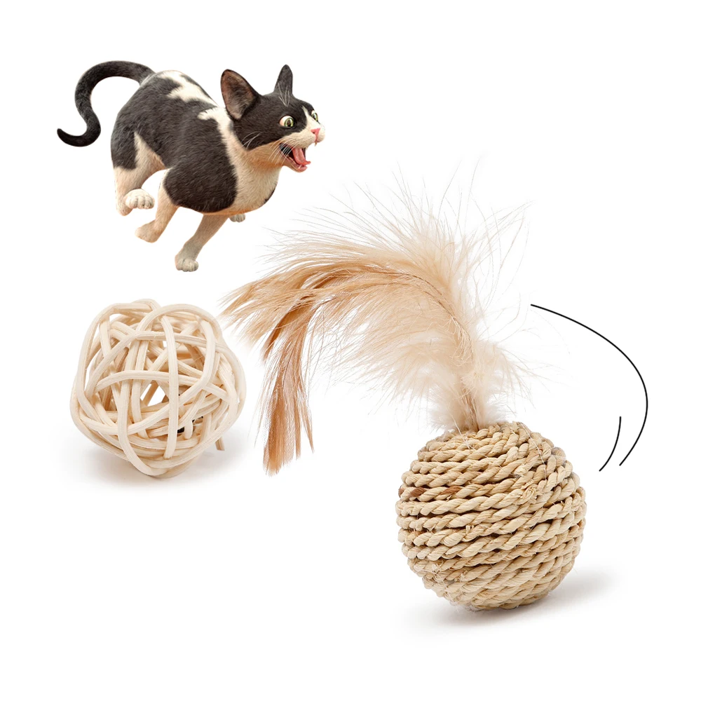 Pet Sisal Rope Weave Cat Feather Toy Cat Ball Rattan Bell Sound Ball