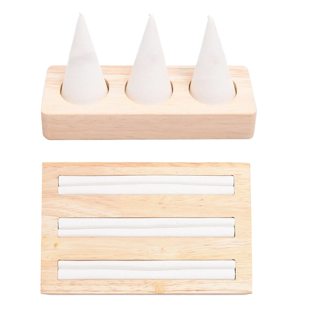 

Pack Of 2 PU Leather 3 Slots Ring Earrings Studs Tray Showcase Display Jewelry Organizer Wood Display Tray