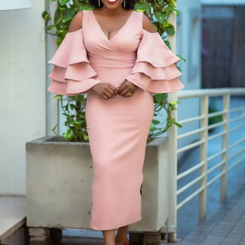 African Dresses For Women Summer Flared Sleeves Off-Shoulder Solid Color V-Neck Slim Sexy Office Dress Party Ladies Robe 2021