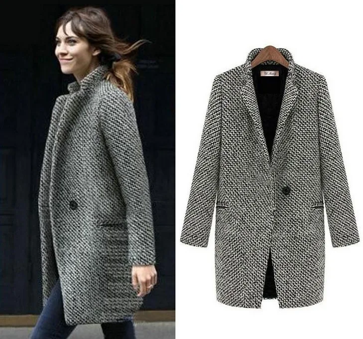 

2020 autumn and winter new Plush woolen coat Cotton jacket Windbreaker coat Houndstooth Mid-length Woolen coat Female