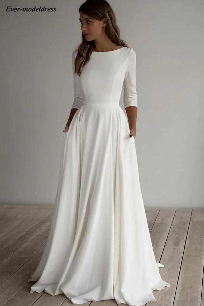 

Simple Satin Wedding Dresses 2020 Pockets 3/4 Long Sleeve A line Beach Bride Gowns Vestido De Noiva Do Mariee