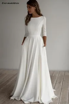 

Simple Satin Wedding Dresses 2020 Pockets 3/4 Long Sleeve A line Beach Bride Gowns Vestido De Noiva Do Mariee