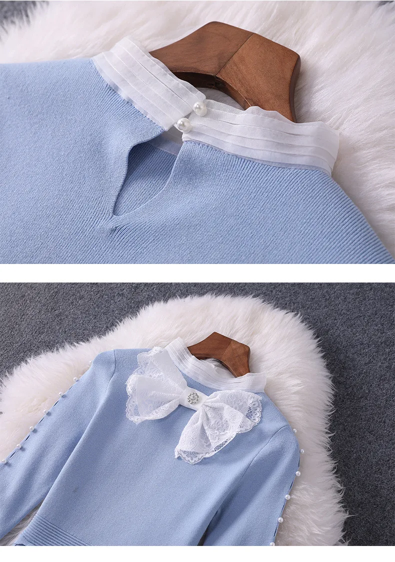 Новинка, модное женское осенне-зимнее платье, Vestidos, длинный рукав, бант, жемчуг, милое, одноцветное, алиновое, вязанное платье-свитер
