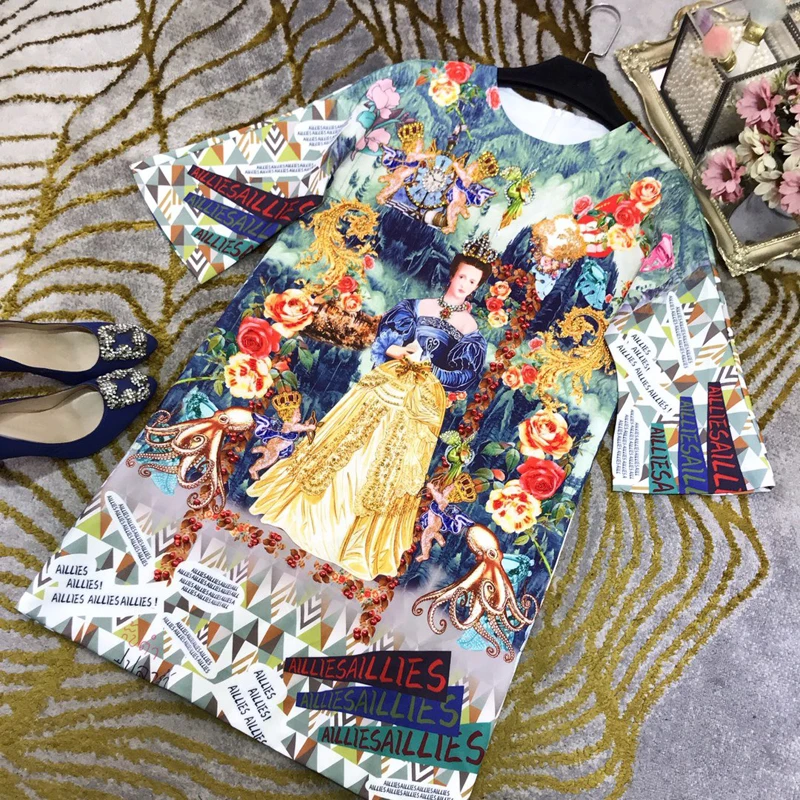 

Boutique 11.10 High End Vintage Fashion Heavy Industry Beading Print Half Sleeve Straight Women Luxury Elegant Mini Dress