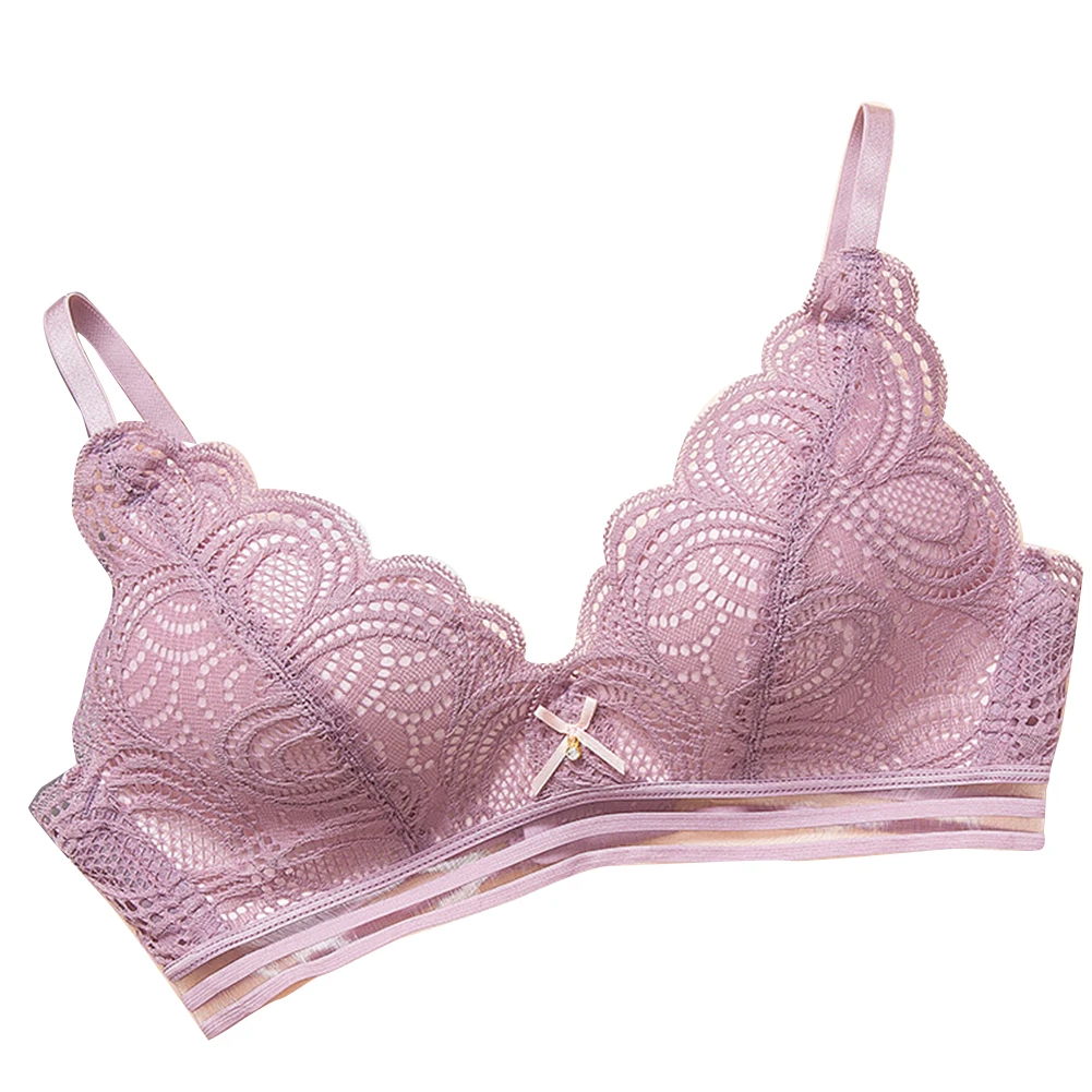Light Purple Без стального кольца, кружевной бюстгальтер с треугольными чашечками, тонкие трусики, нижнее белье с цветочным рисунком - Цвет: Light Purple